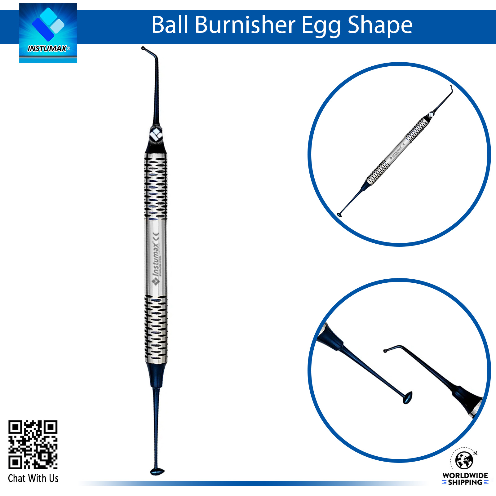 Ball Burnisher 1mm / Egg Shape End with Blue Tips – High-Precision Instrument for Composite, Plastic, and Amalgam Restorations Ball Burnisher 1mm / Egg Shape End with Blue Tips – Precision Tool for Sculpting and Contouring Dental Fillings