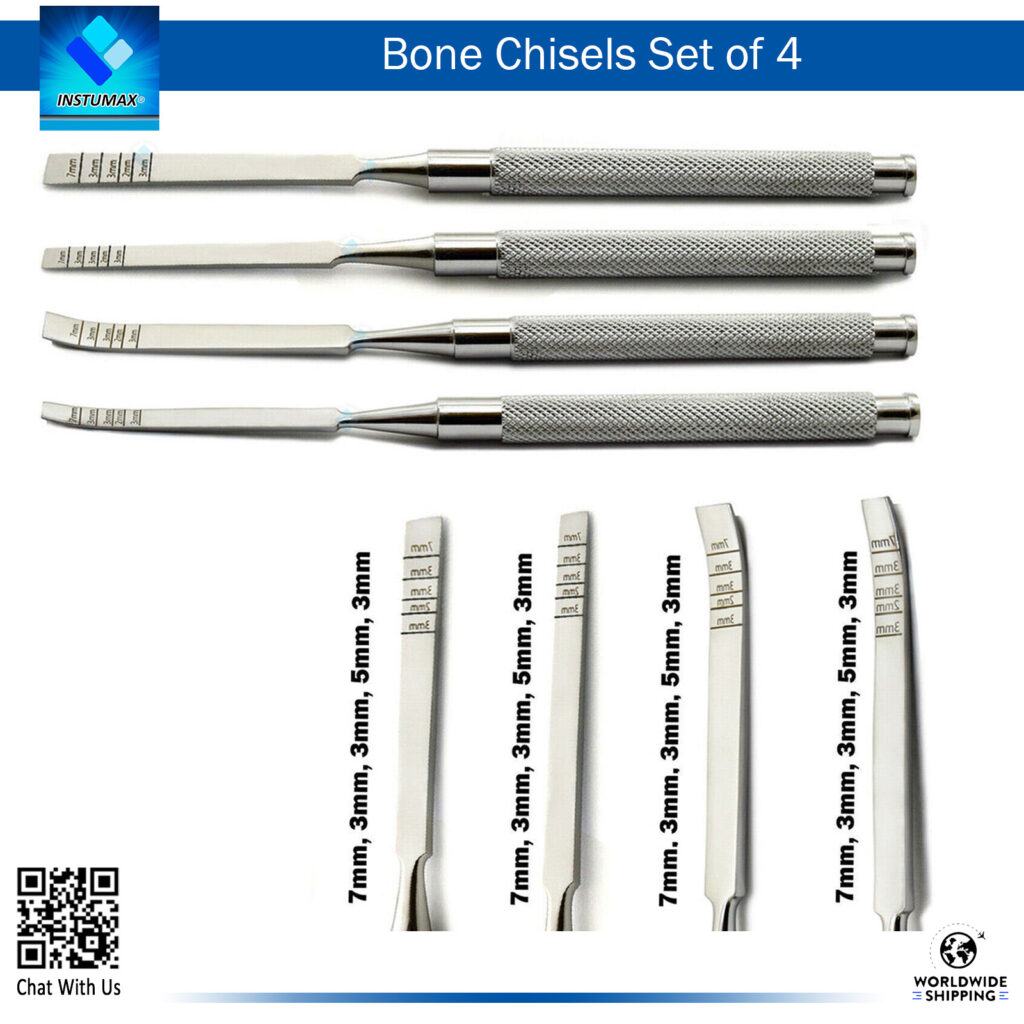 Bone Chisels with Markings Set of 4 (2 Curved, 2 Straight) - Surgical Instruments for Bone Manipulation and Elevation Bone Chisels with Markings Set of 4 (2 Curved, 2 Straight) - Precision Tools for Bone Shaping and Elevation