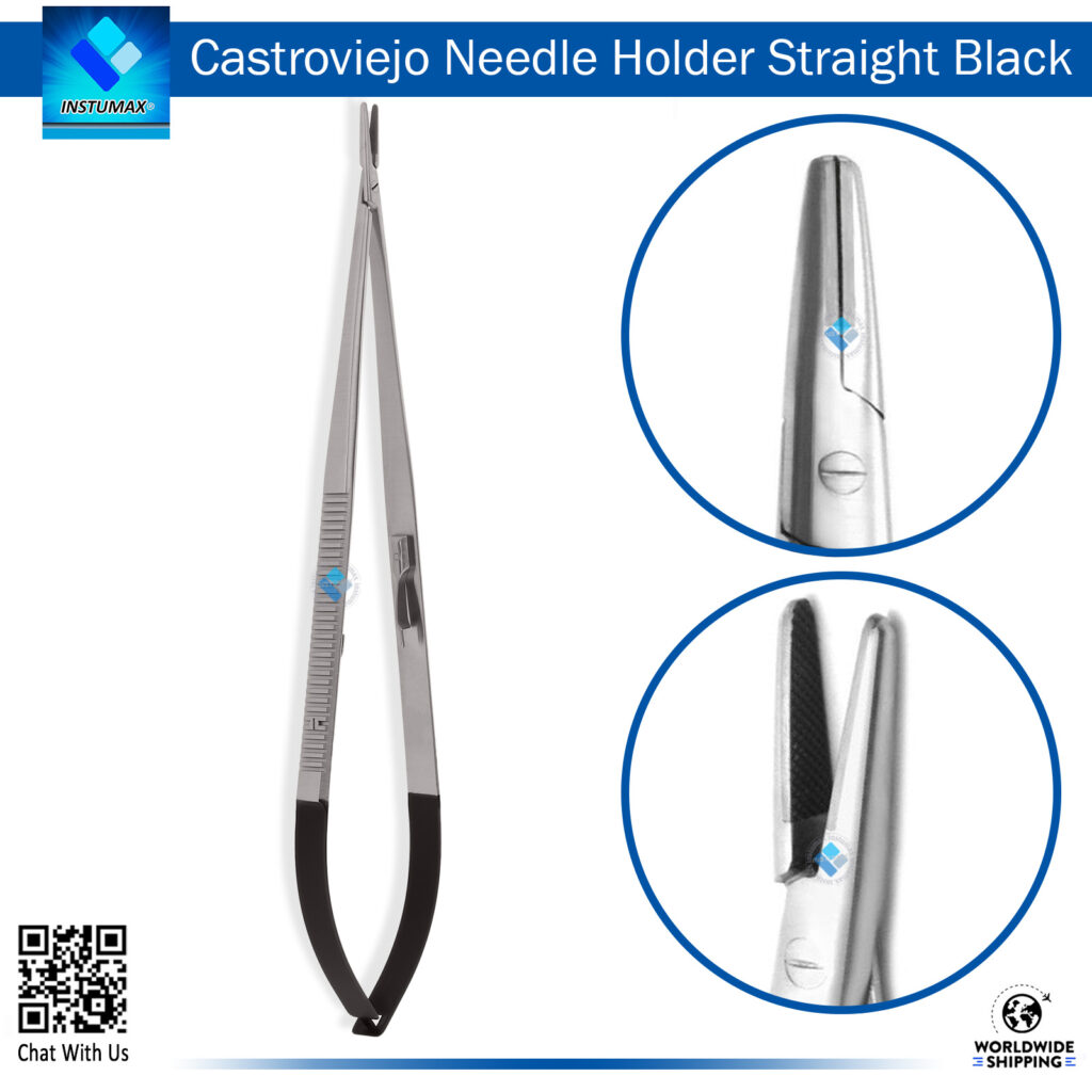 Castroviejo Needle Holder Black Handle" "Castroviejo Needle Holder with Black Handle for Precision Surgical Needle Control"