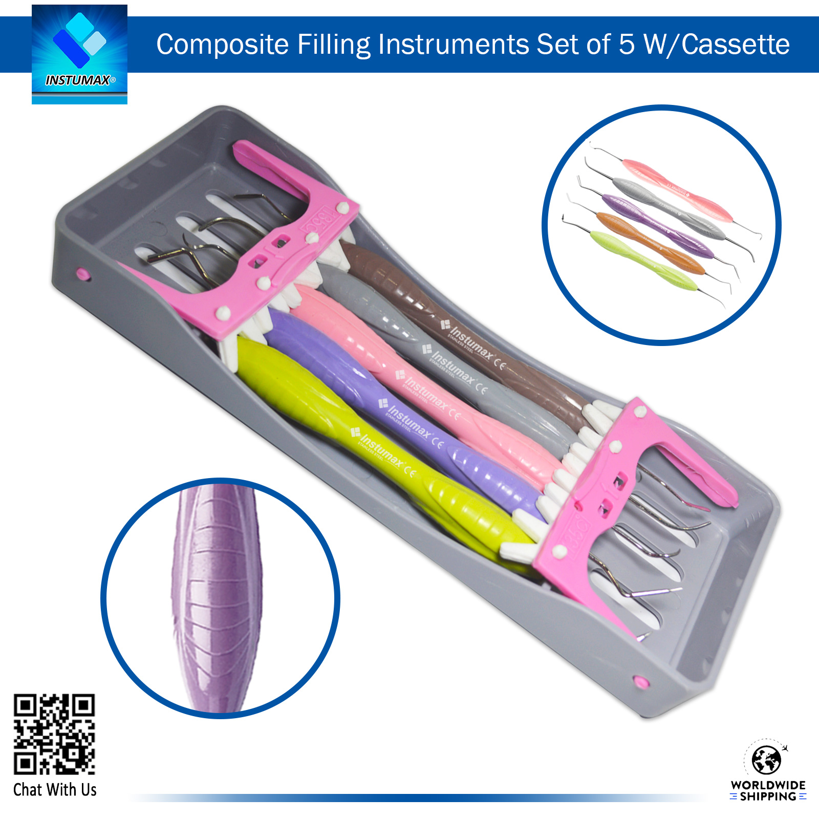 Composite Filling Instruments 5Pcs Set with Color-Coded Silicone Handles – Includes Cassette (Grey/Pink) Composite Filling Instruments 5Pcs Set with Color-Coded Silicone Handles and Cassette (Grey/Pink)