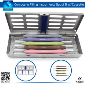 Silicone Handle Filling Instruments Set-of-5 with Sterilization Cassette – Premium Dental Tools for Composite and Amalgam Placement