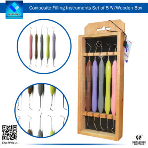 Composite Filling Instruments 5Pcs Set with Color-Coded Silicone Handles and Wooden Cassette (Grey/Pink)