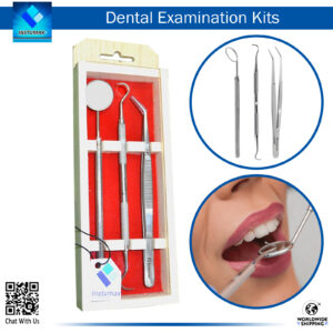 "Dental Examination Diagnostic Kit, 3pcs – College Tweezer, Sickle Scaler, Mouth Mirror Handle with Wooden Handles"