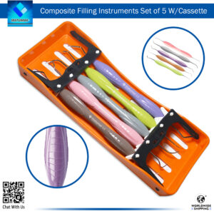 "Composite Filling Instruments Set of 5 with Silicon Coated Handles and Cassette - Dental Tools"