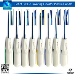 "Luxating Dental Tooth Extracting Elevators 8pcs Set with White Handles and Blue Titanium Coated Tips"