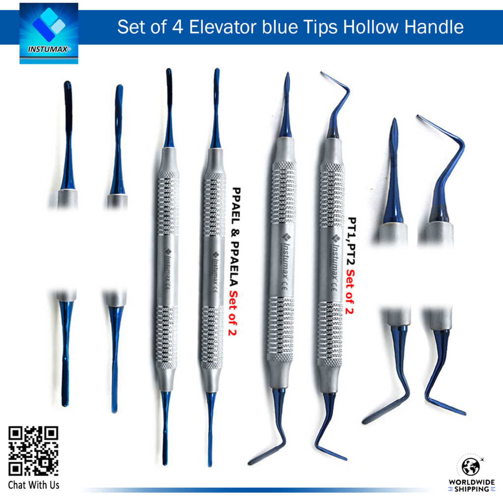 Set of 4 Elevators with Blue Tips and Hollow Handles (PPAELA, PPAEL, PT-1, PT-2) – Dental Extraction Tools for Precision" "Set of 4 Elevators with Blue Tips and Hollow Handles – Precision Instruments for Tooth Extractions"