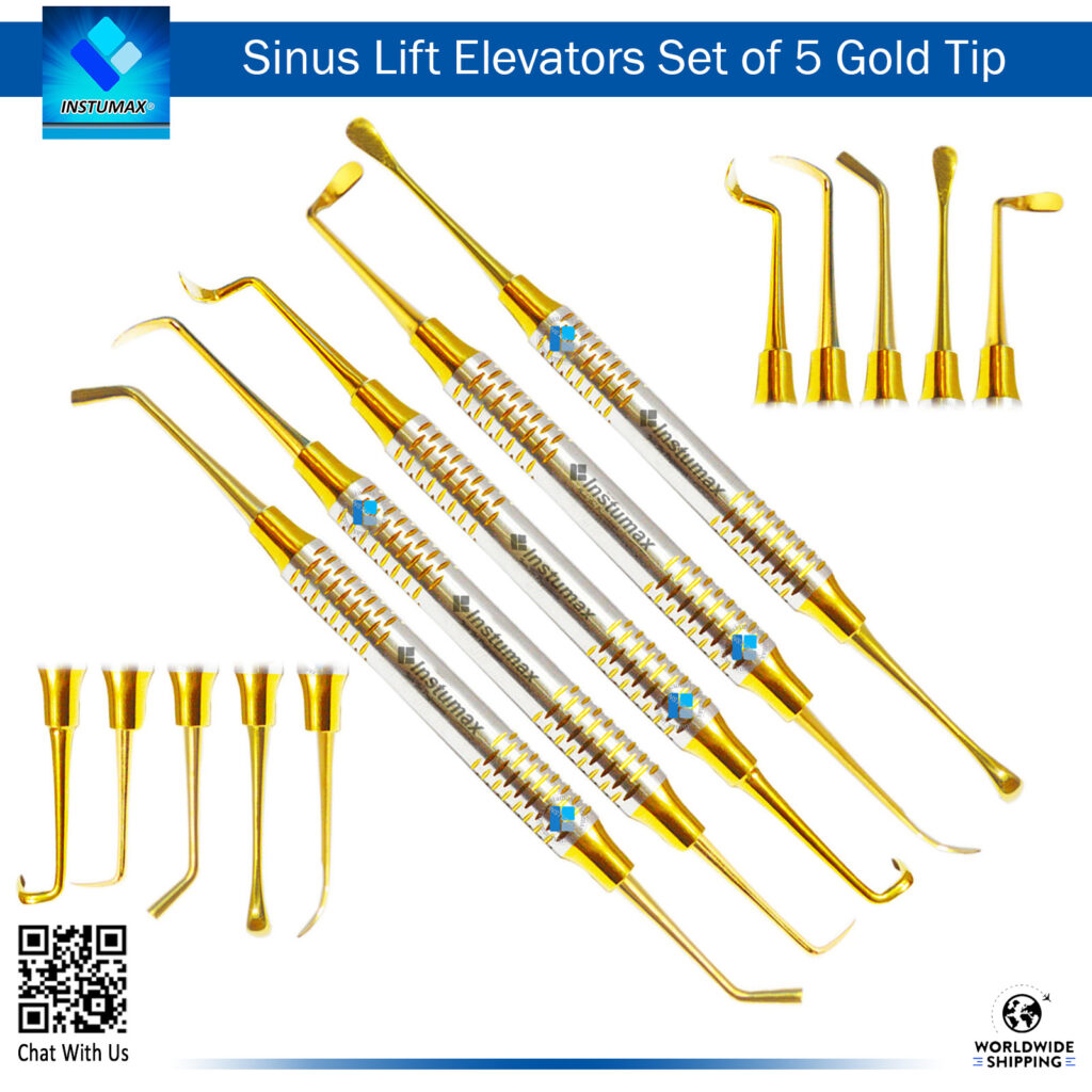 Sinus Lift Elevators Set of 5 Gold Tip with Handles – Advanced Precision for Sinus Lift Surgery" Sinus Lift Elevators Set of 5 Gold Tip with Handles – Precision Instruments for Sinus Membrane Elevation"