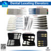 Close-up of the InstrumaX Dental PDL Luxating Elevators Kit, a complete assorted clinical set featuring multiple types including 8PCS standard luxators, 7PCS blue-tipped, color-coated blue variants, 6PCS cryer elevators, 4PCS gold-coated coupland, and 5PCS with pouch for precise periodontal ligament severance and tooth extraction, all in premium stainless steel with InstrumaX branding and protective cases.