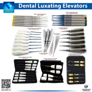 Close-up of the InstrumaX Dental PDL Luxating Elevators Kit, a complete assorted clinical set featuring multiple types including 8PCS standard luxators, 7PCS blue-tipped, color-coated blue variants, 6PCS cryer elevators, 4PCS gold-coated coupland, and 5PCS with pouch for precise periodontal ligament severance and tooth extraction, all in premium stainless steel with InstrumaX branding and protective cases.