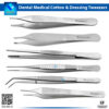 Close-up of the InstrumaX Dental Medical Cotton & Dressing Tweezers Kit, a 6-piece set of premium stainless steel forceps featuring straight serrated, fine-tipped, curved, angled, and reverse-action designs for precise handling of cotton rolls, dressings, and tissues in dental procedures, with InstrumaX branding and CE certification.