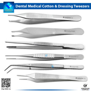 Close-up of the InstrumaX Dental Medical Cotton & Dressing Tweezers Kit, a 6-piece set of premium stainless steel forceps featuring straight serrated, fine-tipped, curved, angled, and reverse-action designs for precise handling of cotton rolls, dressings, and tissues in dental procedures, with InstrumaX branding and CE certification.