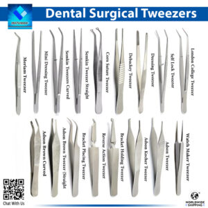 Close-up of the InstrumaX Dental Surgical Tweezers Kit, a comprehensive 20-piece set of premium stainless steel forceps including mini Meriam and dressing tweezers, Senkin straight and curved, corn suture, Debakey, self-locking, London College, Adson Brown curved and straight, bracket placing and holding, reverse action, Kocher, and watch maker variants for precise dental tissue handling, with InstrumaX branding and CE certification.