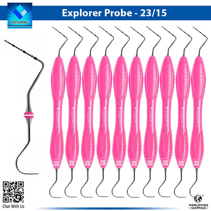 INSTUMAX UNC15/23 Probe Explorer – Precision Periodontal Tool "INSTUMAX UNC15/23 dental probe explorer set with color-coded 1-15mm markings and #23 Shepherd's Hook tip – stainless steel periodontal probe for pocket depth and caries detection"