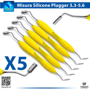 Close-up of the LM Implant Misura MR 3.3-5.6 LMErgoSense dental instrument, featuring a dual-tip design with larger and smaller precision tips for accurate implant spacing, a yellow color-coded ergonomic silicone handle for enhanced grip, and laser-etched markings for 3.3-5.6 mm diameters in surgical dentistry.