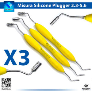 Close-up of the LM Implant Misura MR 3.3-5.6 LMErgoSense dental instrument, featuring a dual-tip design with larger and smaller precision tips for accurate implant spacing, a yellow color-coded ergonomic silicone handle for enhanced grip, and laser-etched markings for 3.3-5.6 mm diameters in surgical dentistry.