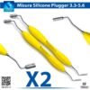 Close-up of the LM Implant Misura MR 3.3-5.6 LMErgoSense dental instrument, featuring a dual-tip design with larger and smaller precision tips for accurate implant spacing, a yellow color-coded ergonomic silicone handle for enhanced grip, and laser-etched markings for 3.3-5.6 mm diameters in surgical dentistry.