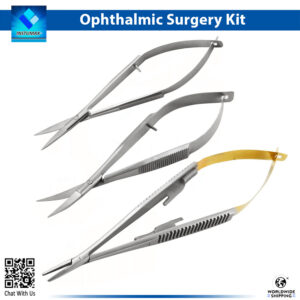 Close-up of the 3-piece Ophthalmic Surgery Kit featuring straight and curved Noyes micro scissors for precise tissue dissection and a tungsten carbide (TC) Castroviejo needle holder for secure suturing in eye surgery, all crafted from premium stainless steel for microsurgical precision.