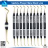 "INSTUMAX dental composite filling spatula & plugger with titanium gold tips and black handle – double-ended non-stick instrument for resin placement and condensing in restorative dentistry"