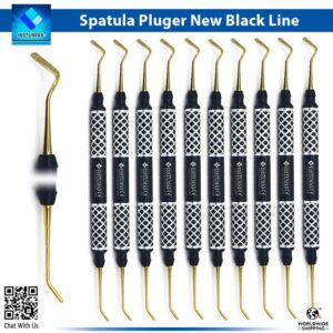 "INSTUMAX dental composite filling spatula & plugger with titanium gold tips and black handle – double-ended non-stick instrument for resin placement and condensing in restorative dentistry"