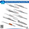 Close-up of the InstrumaX Surgical Cotton & Dressing Tweezers Plier Kit, featuring a 10-piece set of premium stainless steel instruments including London College, Adson fine and tissue tweezers, Meriam, corn suture curved, self-locking, dressing, paper articulating, soldering, and Debakey tweezers for precise surgical handling of cotton, dressings, and tissues, with InstrumaX branding and CE certification.