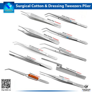 Close-up of the InstrumaX Surgical Cotton & Dressing Tweezers Plier Kit, featuring a 10-piece set of premium stainless steel instruments including London College, Adson fine and tissue tweezers, Meriam, corn suture curved, self-locking, dressing, paper articulating, soldering, and Debakey tweezers for precise surgical handling of cotton, dressings, and tissues, with InstrumaX branding and CE certification.