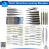 Close-up of the Dental PDL Luxating Elevators Kit, a complete assorted clinical set featuring multiple types including 8PCS standard luxators, 7PCS blue-tipped, color-coated blue variants, 6PCS cryer elevators, 4PCS gold-coated coupland, and 5PCS with pouch for precise periodontal ligament severance and tooth extraction, all in premium stainless steel with branding and protective cases.