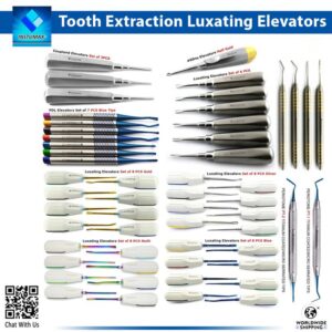 Close-up of the Dental PDL Luxating Elevators Kit, a complete assorted clinical set featuring multiple types including 8PCS standard luxators, 7PCS blue-tipped, color-coated blue variants, 6PCS cryer elevators, 4PCS gold-coated coupland, and 5PCS with pouch for precise periodontal ligament severance and tooth extraction, all in premium stainless steel with branding and protective cases.