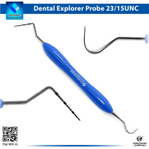 Professional Dental Probe & Explorer Set, featuring UNC15/23 double-ended periodontal instruments with color-coded 1-15mm graduated markings on blue silicone handles for precise pocket depth measurement and surface exploration, ideal for dentists, hygienists, and dental schools, with premium stainless steel construction.