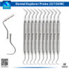 Close-up of the InstrumaX Dental Explorer Probe 23/15 UNC set, a 9-piece premium collection of double-ended stainless steel diagnostic instruments with graduated UNC 15 probe tips (1-15 mm markings) and shepherd's hook explorer ends for precise periodontal pocket measurement and caries detection, featuring ergonomic hollow handles and InstrumaX branding with CE certification.