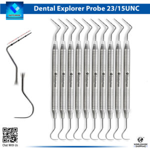Close-up of the InstrumaX Dental Explorer Probe 23/15 UNC set, a 9-piece premium collection of double-ended stainless steel diagnostic instruments with graduated UNC 15 probe tips (1-15 mm markings) and shepherd's hook explorer ends for precise periodontal pocket measurement and caries detection, featuring ergonomic hollow handles and InstrumaX branding with CE certification.