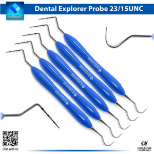 Professional Dental Probe & Explorer Set, featuring UNC15/23 double-ended periodontal instruments with color-coded 1-15mm graduated markings on blue silicone handles for precise pocket depth measurement and surface exploration, ideal for dentists, hygienists, and dental schools, with premium stainless steel construction.