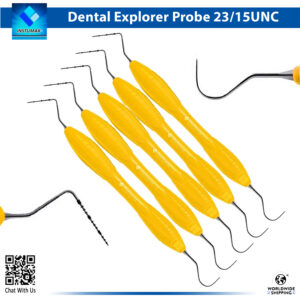 Close-up of the Professional Dental Probe & Explorer Set, featuring UNC15/23 double-ended periodontal instruments with color-coded 1-15mm graduated markings on blue silicone handles for precise pocket depth measurement and surface exploration, ideal for dentists, hygienists, and dental schools, with premium stainless steel construction.