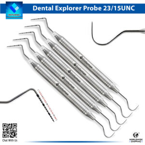 Close-up of the InstrumaX Dental Explorer Probe 23/15 UNC set, a 9-piece premium collection of double-ended stainless steel diagnostic instruments with graduated UNC 15 probe tips (1-15 mm markings) and shepherd's hook explorer ends for precise periodontal pocket measurement and caries detection, featuring ergonomic hollow handles and InstrumaX branding with CE certification.