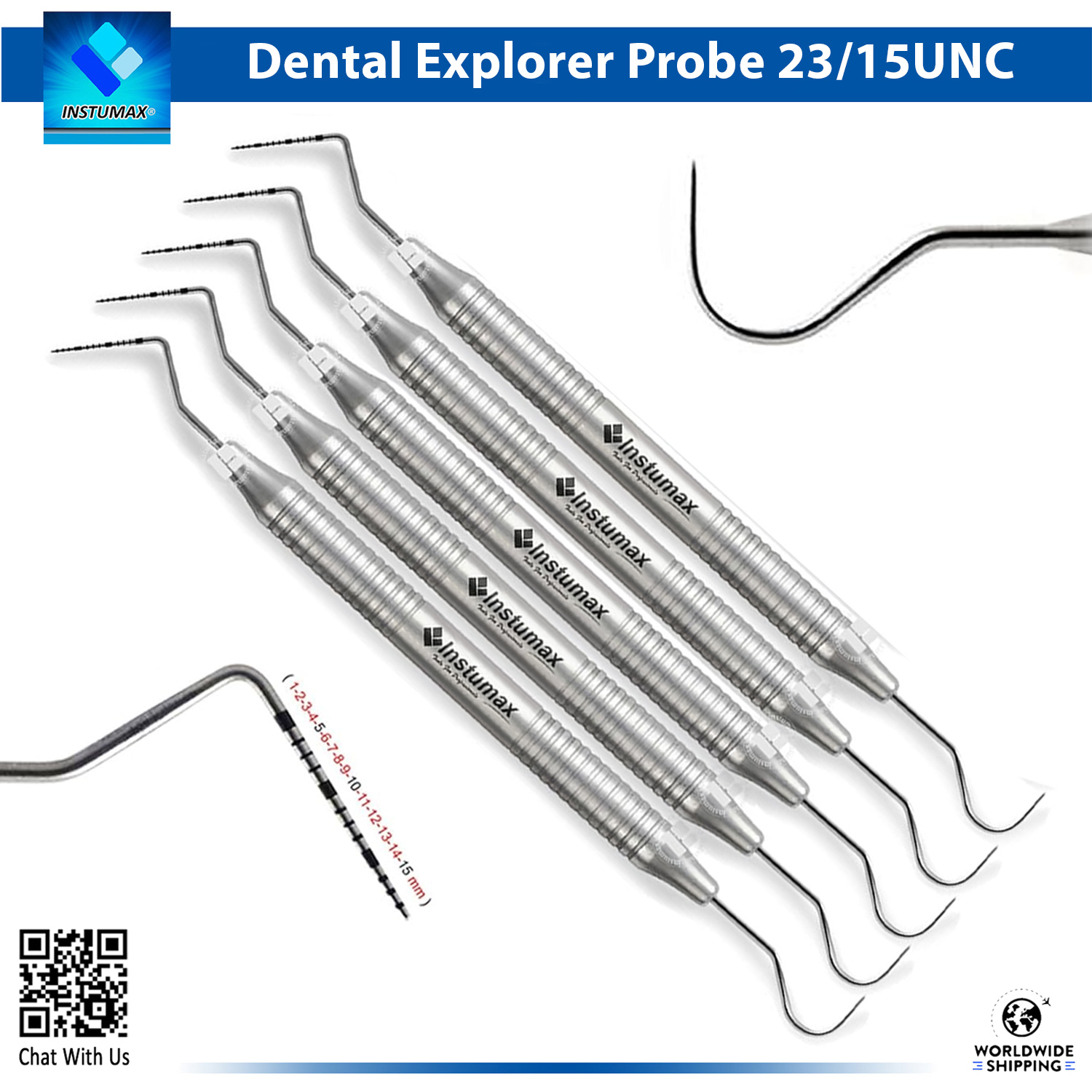 InstrumaX Dental Explorer Probe 23/15 UNC: 9-Piece Set with Graduated Tips (1-15 mm) for Periodontal Probing & Surface Exploration Close-up of the InstrumaX Dental Explorer Probe 23/15 UNC set, a 9-piece premium collection of double-ended stainless steel diagnostic instruments with graduated UNC 15 probe tips (1-15 mm markings) and shepherd's hook explorer ends for precise periodontal pocket measurement and caries detection, featuring ergonomic hollow handles and InstrumaX branding with CE certification.
