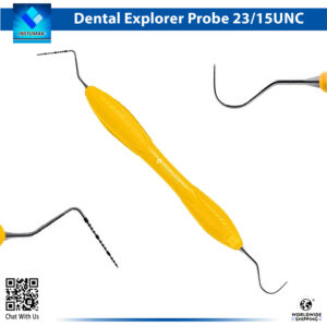 Close-up of the Professional Dental Probe & Explorer Set, featuring UNC15/23 double-ended periodontal instruments with color-coded 1-15mm graduated markings on blue silicone handles for precise pocket depth measurement and surface exploration, ideal for dentists, hygienists, and dental schools, with premium stainless steel construction.