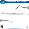 Close-up of the Dental Explorer Probe 23/15 UNC set, a 9-piece premium collection of double-ended stainless steel diagnostic instruments with graduated UNC 15 probe tips (1-15 mm markings) and shepherd's hook explorer ends for precise periodontal pocket measurement and caries detection, featuring ergonomic hollow handles and InstrumaX branding with CE certification.