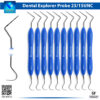 Close-up of the 10-piece Professional Dental Probe & Explorer Set, featuring UNC15/23 double-ended periodontal instruments with color-coded 1-15mm graduated markings on blue silicone handles for precise pocket depth measurement and surface exploration, ideal for dentists, hygienists, and dental schools, with premium stainless steel construction.