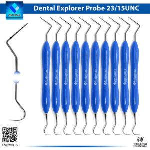 Close-up of the 10-piece Professional Dental Probe & Explorer Set, featuring UNC15/23 double-ended periodontal instruments with color-coded 1-15mm graduated markings on blue silicone handles for precise pocket depth measurement and surface exploration, ideal for dentists, hygienists, and dental schools, with premium stainless steel construction.