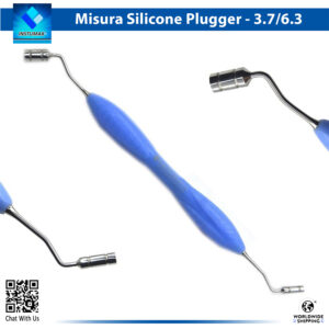 "Close-up of the LM Implant Misura MR 3.7-6.3 LMErgoSense dental instrument, featuring dual-tip design with larger and smaller precision tips for implant spacing, blue silicone ergonomic handle, and markings for 3.7-6.3 mm diameters in surgical dentistry."
