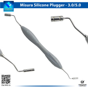 "A close-up view of the LM Implant Misura MR 3.0-5.0 dental instrument set, featuring precision tools for accurate implant drill positioning, with ergonomic handles and measurement markings for 3.0-5.0 mm diameters, designed for bone biology preservation in restorative dentistry."