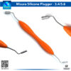 "Close-up of the LM Implant Misura MR 3.4-5.8 LMErgoSense dental instrument, featuring dual-tip design with larger and smaller precision tips for implant spacing, orange silicone ergonomic handle, and markings for 3.4-5.8 mm diameters in surgical dentistry."