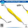 "Close-up of the Implant Misura MR 3.3-5.6 LMErgoSense dental instrument, displaying dual-tip design with larger and smaller precision tips for implant spacing, yellow color-coded ergonomic silicone handle, and markings for 3.3-5.6 mm diameters in surgical dentistry."