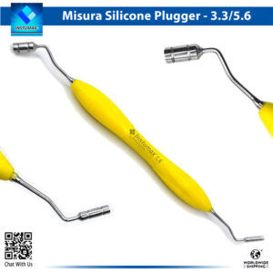 "Close-up of the Implant Misura MR 3.3-5.6 LMErgoSense dental instrument, displaying dual-tip design with larger and smaller precision tips for implant spacing, yellow color-coded ergonomic silicone handle, and markings for 3.3-5.6 mm diameters in surgical dentistry."