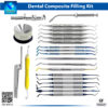Close-up of the InstrumaX Dental Composite Filling Kit, a 22-piece premium set of stainless steel instruments including mixing wells, articulating paper forceps, blue and yellow-handled spatulas, pluggers, burnishers, scalers, and sculptors for precise composite placement and contouring in restorative dentistry, with InstrumaX branding and CE certification.