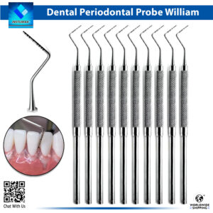 "INSTUMAX Williams periodontal probe 1-2-3-5-7-8-9-10mm single-ended metal tool for assessing gingival pocket depths, attachment levels, and bleeding – surgical stainless steel with missing 4mm/6mm markings for precise diagnostics"