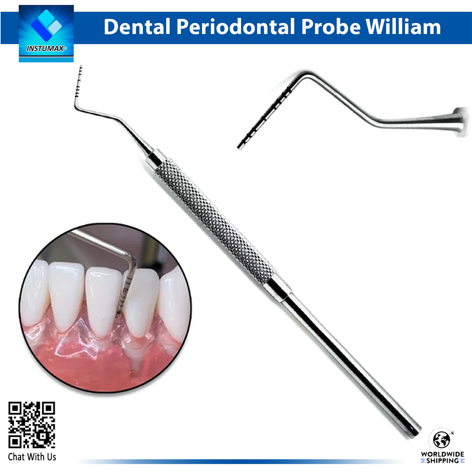 INSTUMAX Williams Probe 1-2-3-5-7-8-9-10mm – Periodontal Pocket Depth Tool, Single-Ended Metal "INSTUMAX Williams periodontal probe 1-2-3-5-7-8-9-10mm single-ended metal tool for assessing gingival pocket depths, attachment levels, and bleeding – surgical stainless steel with missing 4mm/6mm markings for precise diagnostics"