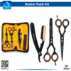 4-piece professional barber hairdressing tools kit featuring black and gold scissors, thinning shears, razor, and comb in a zippered pouch.