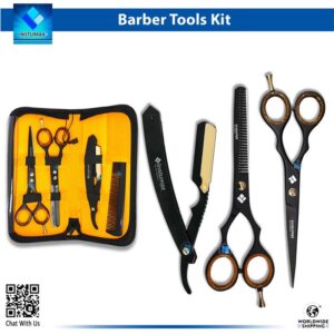 4-piece professional barber hairdressing tools kit featuring black and gold scissors, thinning shears, razor, and comb in a zippered pouch.