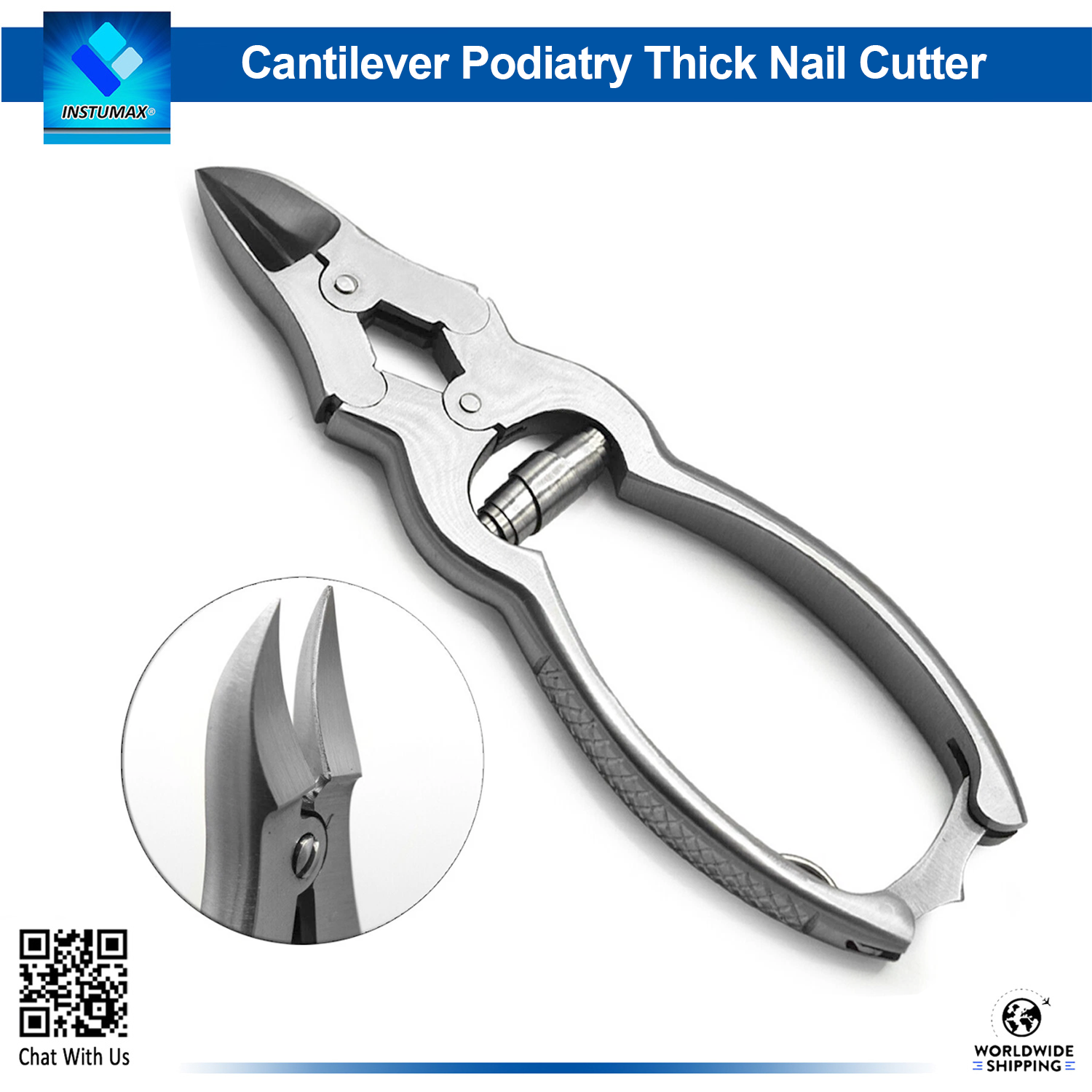 Cantilever Thick Toenail Cutter - Barrel Spring. Heavy-duty cantilever podiatry nail cutter with barrel spring and curved surgical tips for thick nails.