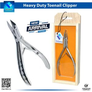 Professional pointed-tip ingrown toenail nipper for thick nails with its wooden presentation box.